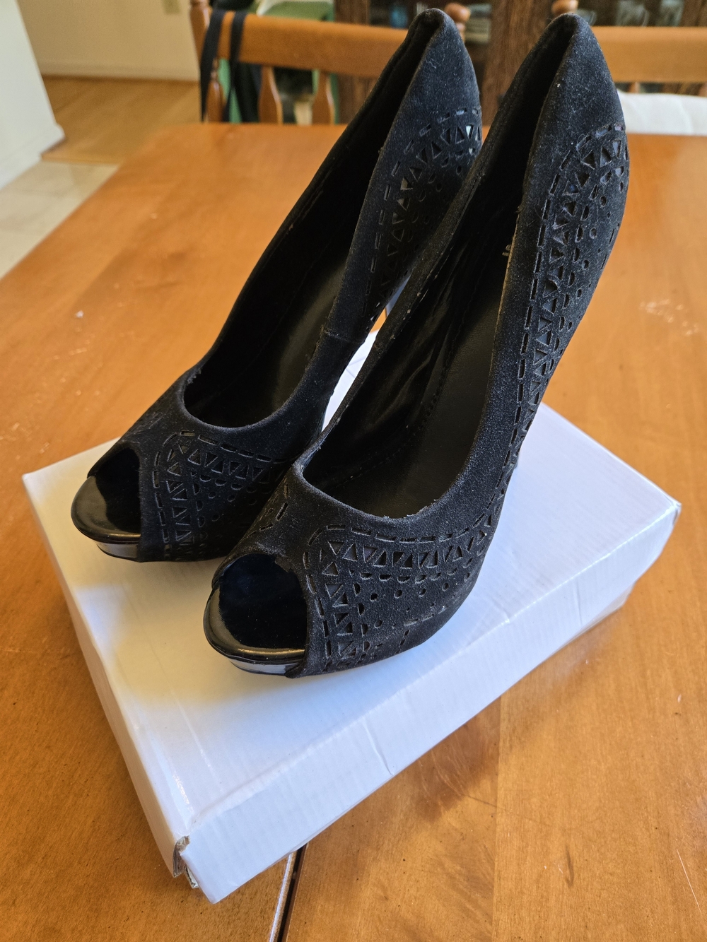 Shiekh Black Suede Peep-Toe Heels with Cutout Detail